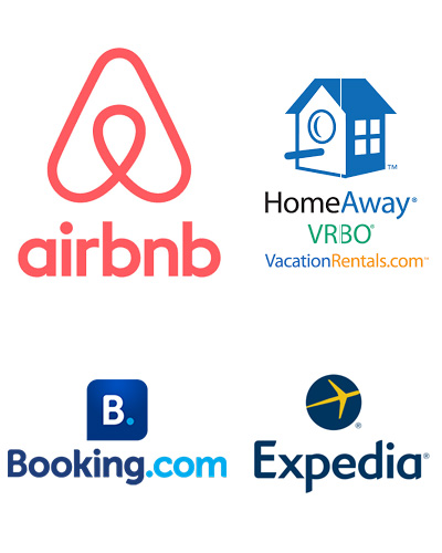 Logos for AirB&B, HomeAway, Booking.com, and Expedia