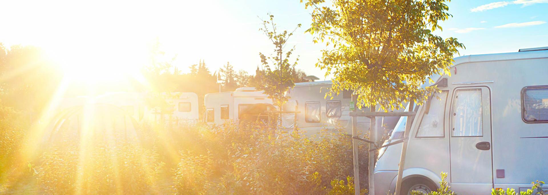 Bright and sunny RV park with motorhomes and trailers parked